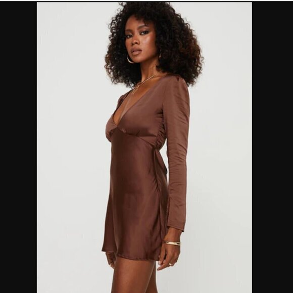 Princess Polly Nellie Chocolate Brown Satin Long Sleeve Mini Dress 0 - Picture 4 of 10
